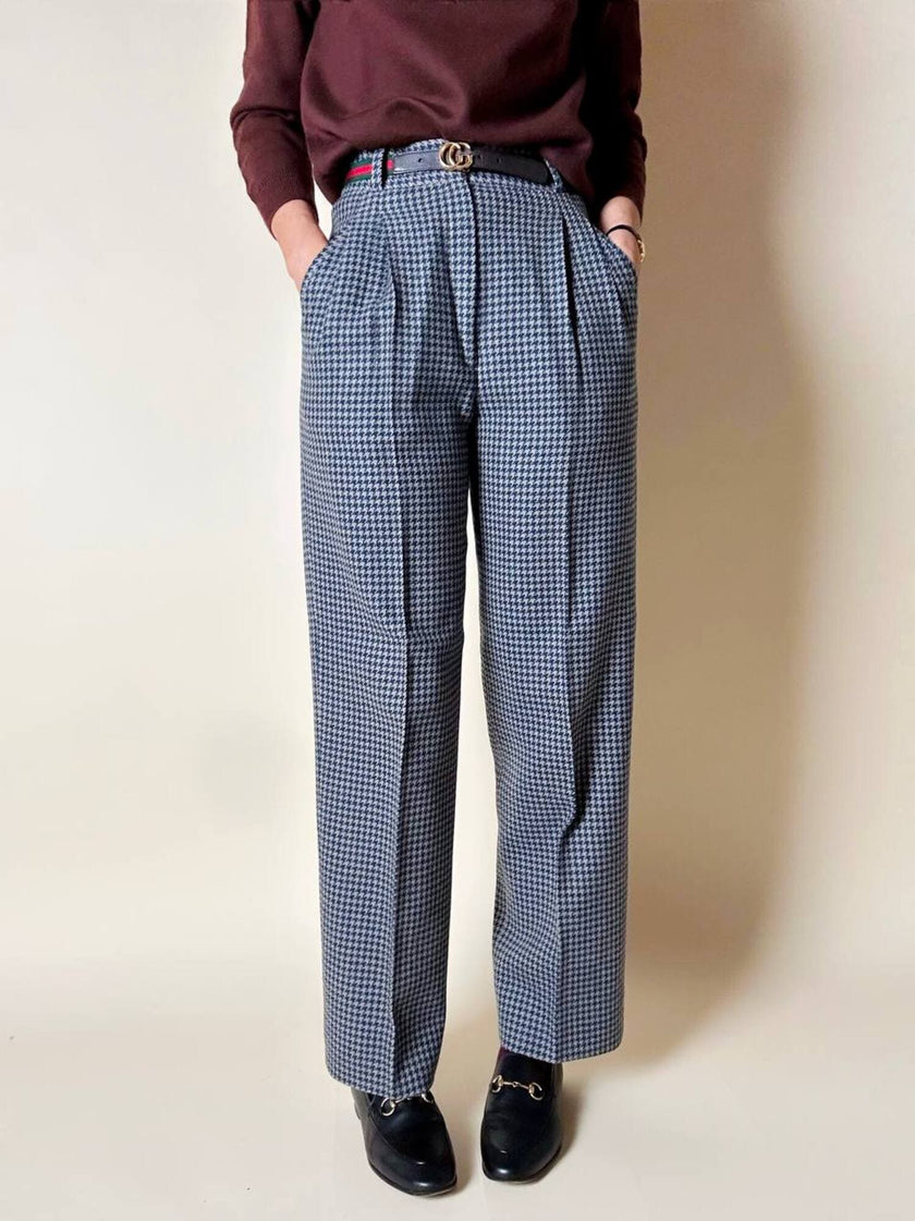 Pantalone a vita alta in lana pied de poule grigio e ottanio Basile