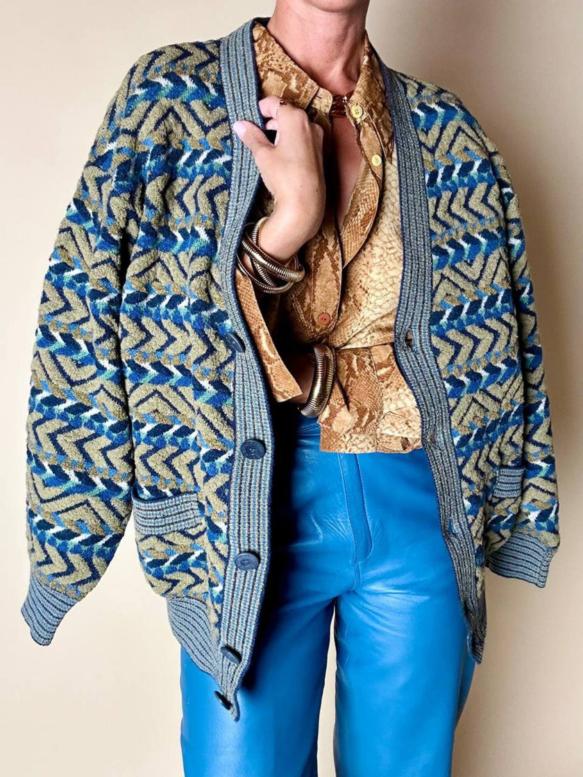 Cardigan Missoni Sport con pattern geometrico e trama tridimensionale nei toni del verde e blu