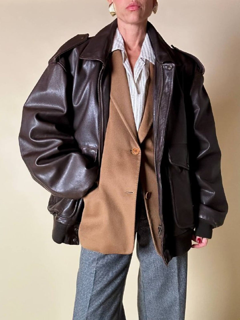 Bomber aviator oversize in pelle testa di moro