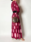 Maxi abito vintage Gottex in cpêpe amarena con maxi pois irregolari rosa
