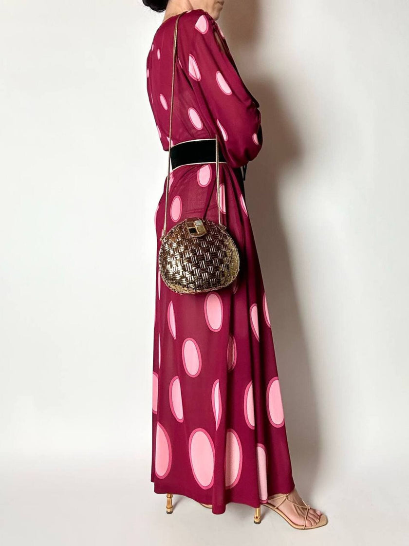 Maxi abito vintage Gottex in cpêpe amarena con maxi pois irregolari rosa