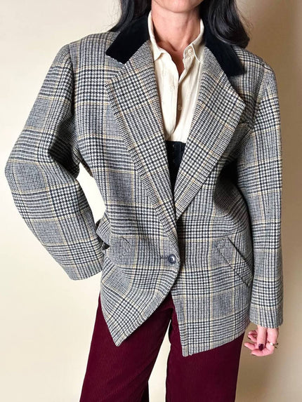Blazer Guy Laroche in lana Principe di Galles con colletto in velluto nero