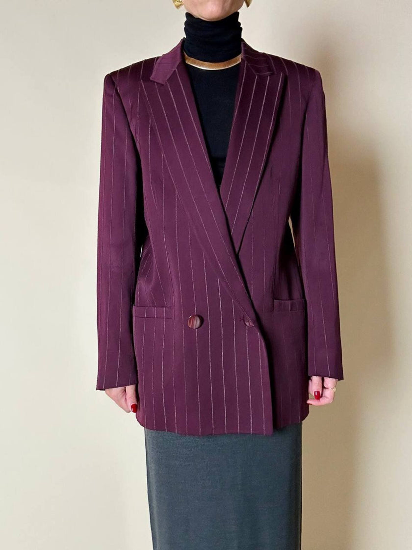 Blazer doppiopetto in rasato di lana gessato color burgundy “Gianni Versace”