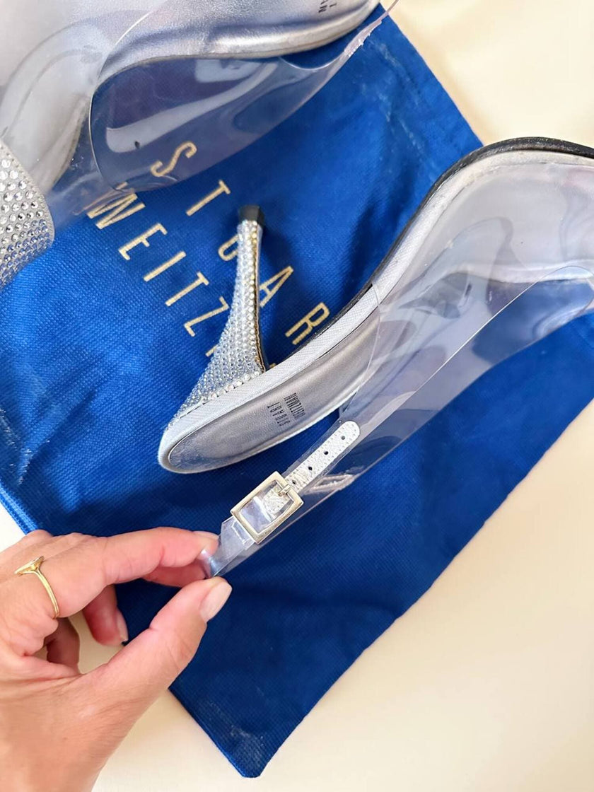 Slingback vintage a punta in plexi e strass argento Stuart Weitzman
