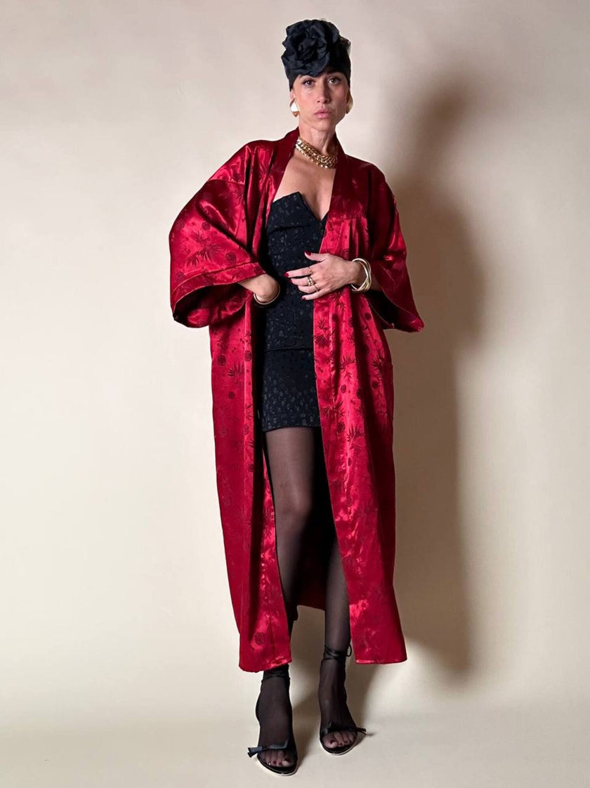 Kimono rosso bordeaux in tessuto Jacquard