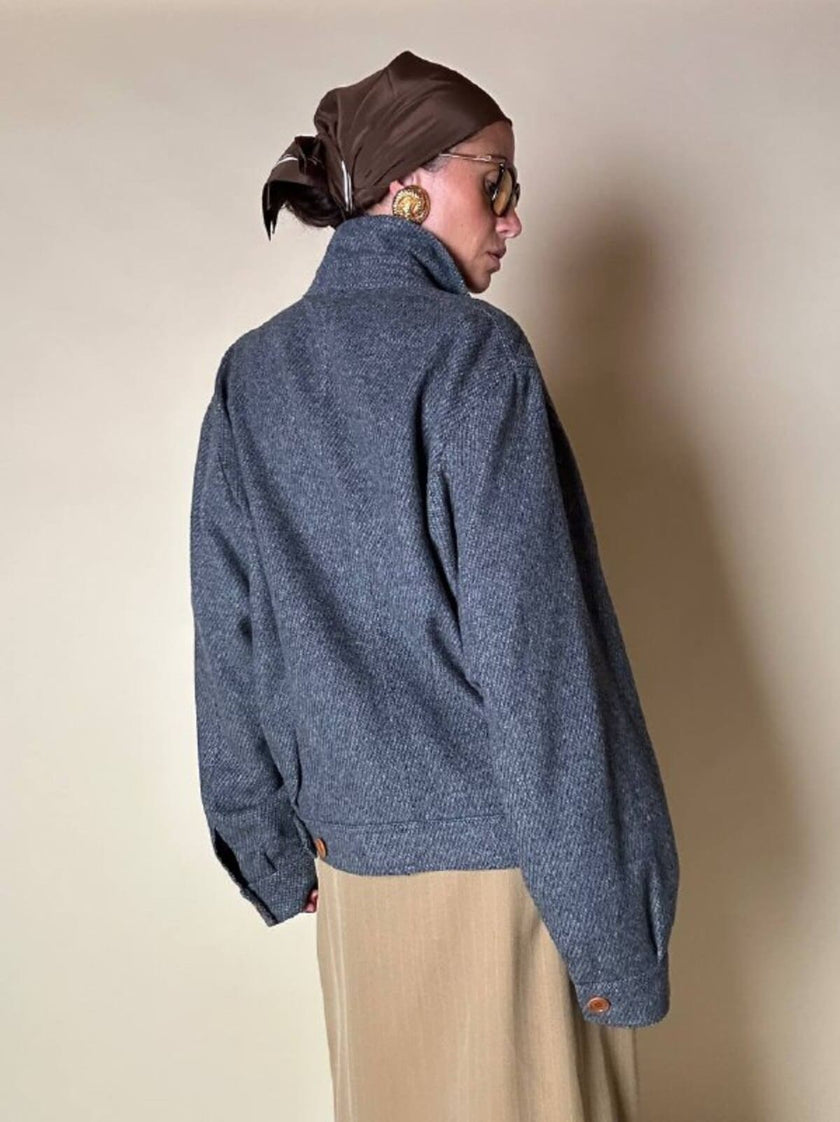 Bomber Yves Saint Laurent in lana grigio mélange con bottoni color cuoio