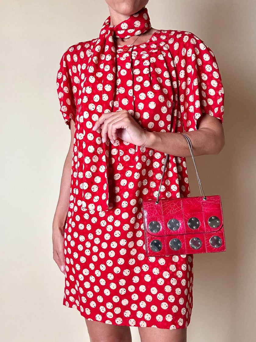 Mini abito rosso in seta jacquard a pois con fusciacca in coordinato “Fendi”