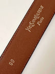 Vintage Yves Saint Laurent tan leather belt with an octagonal enamel buckle and YSL logo