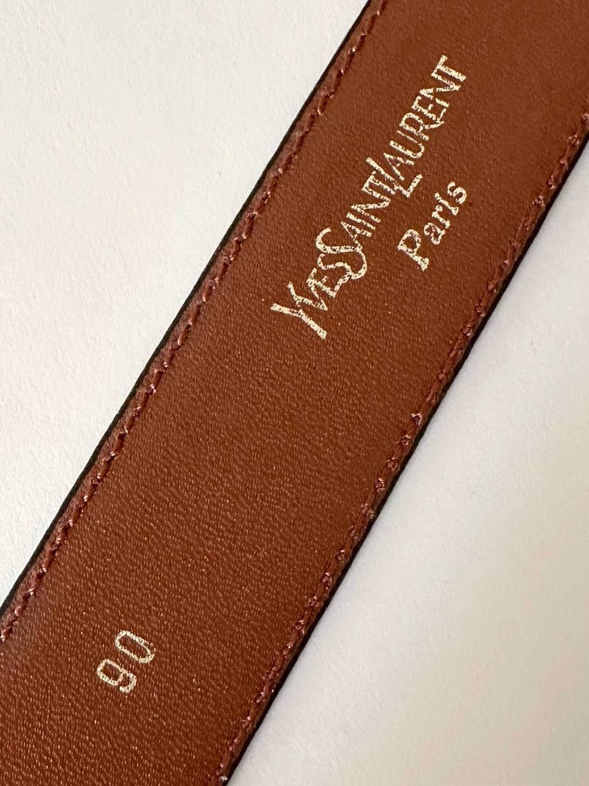 Vintage Yves Saint Laurent tan leather belt with an octagonal enamel buckle and YSL logo