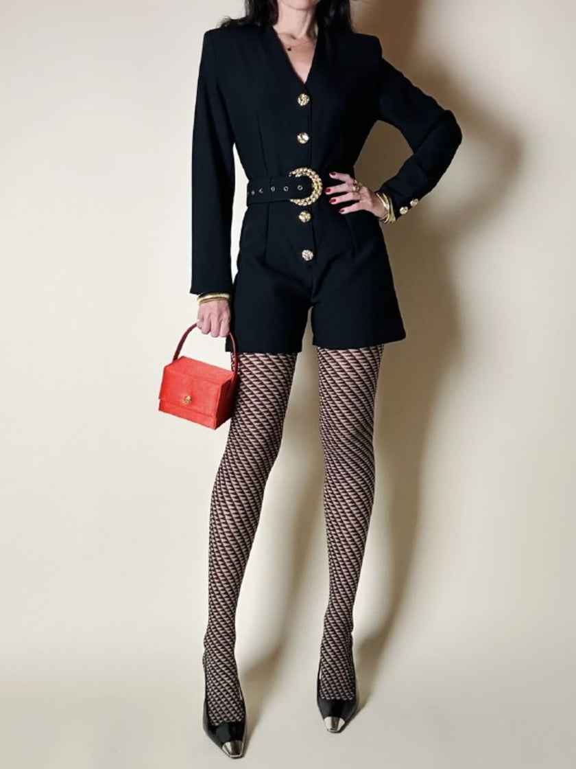 Mini Jumpsuit nera in rasato di lana con bottoni gioiello e cintura in coordinato