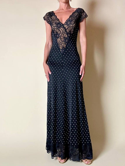 Abito lungo nero a pois bianchi con inserti in pizzo “La Perla”