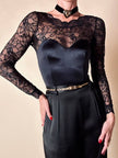 Body a manica lunga con scollo a cuore in lycra e pizzo nero “Faber”