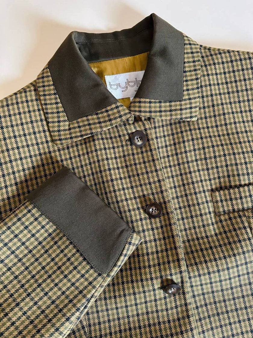 Blazer Byblos in rasato di lana pied de poule beige e verde con riporti verde oliva