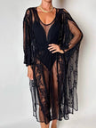 Kimono vintage in tulle nero con ricami floreali