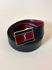 Cintura vintage Yves Saint Laurent double face blu navy e bordeaux con fibbia smaltata con logo YSL