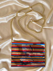 Pochette à lamelles miroirs multicolores avec bandoulière chaîne