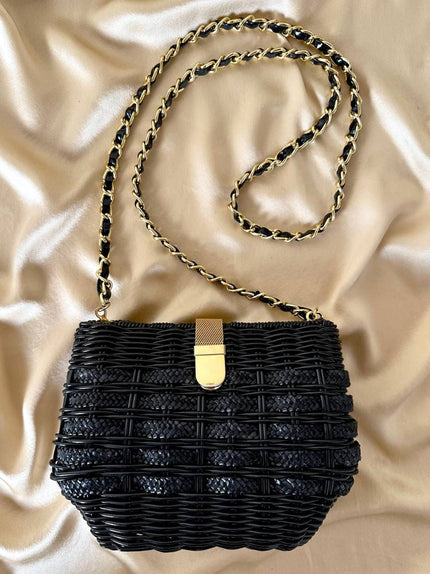 Borsa a tracolla in midollino e rafia nera con tracolla in catena oro