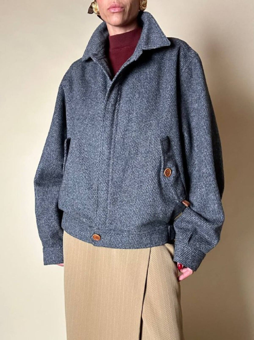 Bomber Yves Saint Laurent in lana grigio mélange con bottoni color cuoio