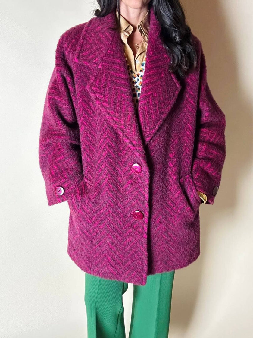 Capottino vintage spinato in tweed di lana e mohair magenta e prugna