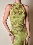 Abito vintage sartoriale con scollo all’americana in seta jacquard verde acido fantasia floreale