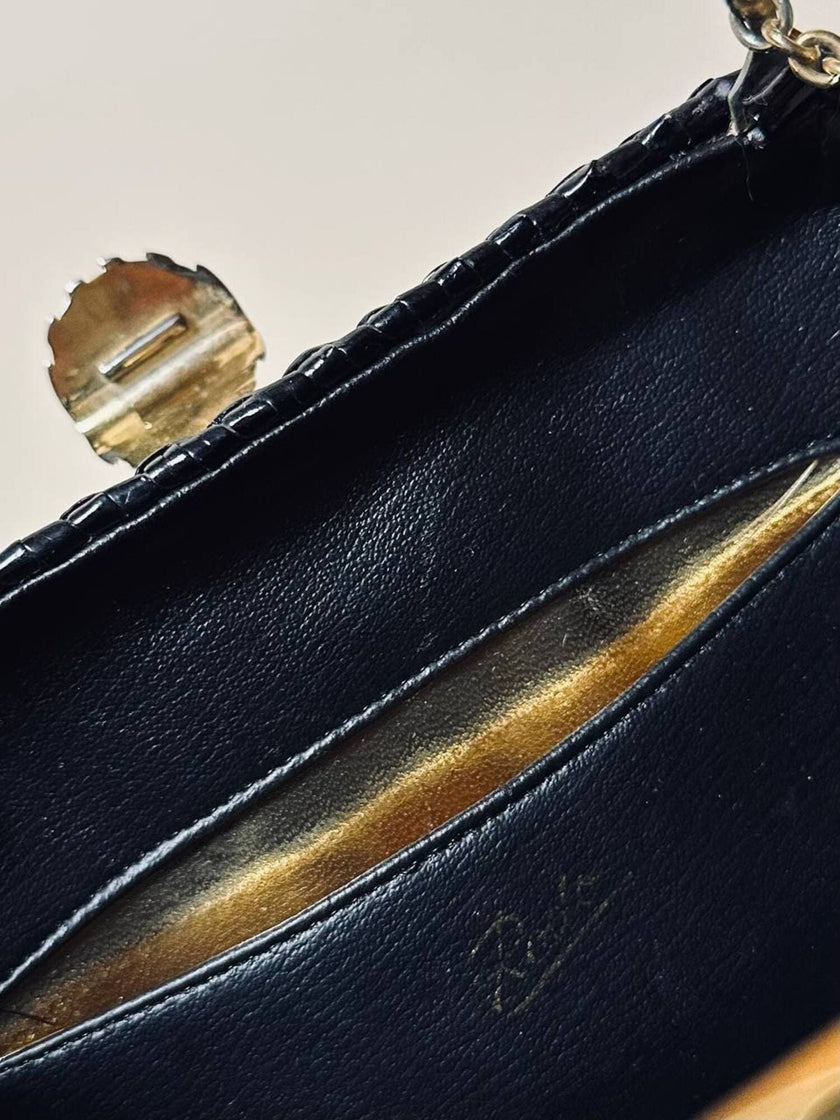 Borsa vintage Rodo in midollino nero con tracolla a catena oro