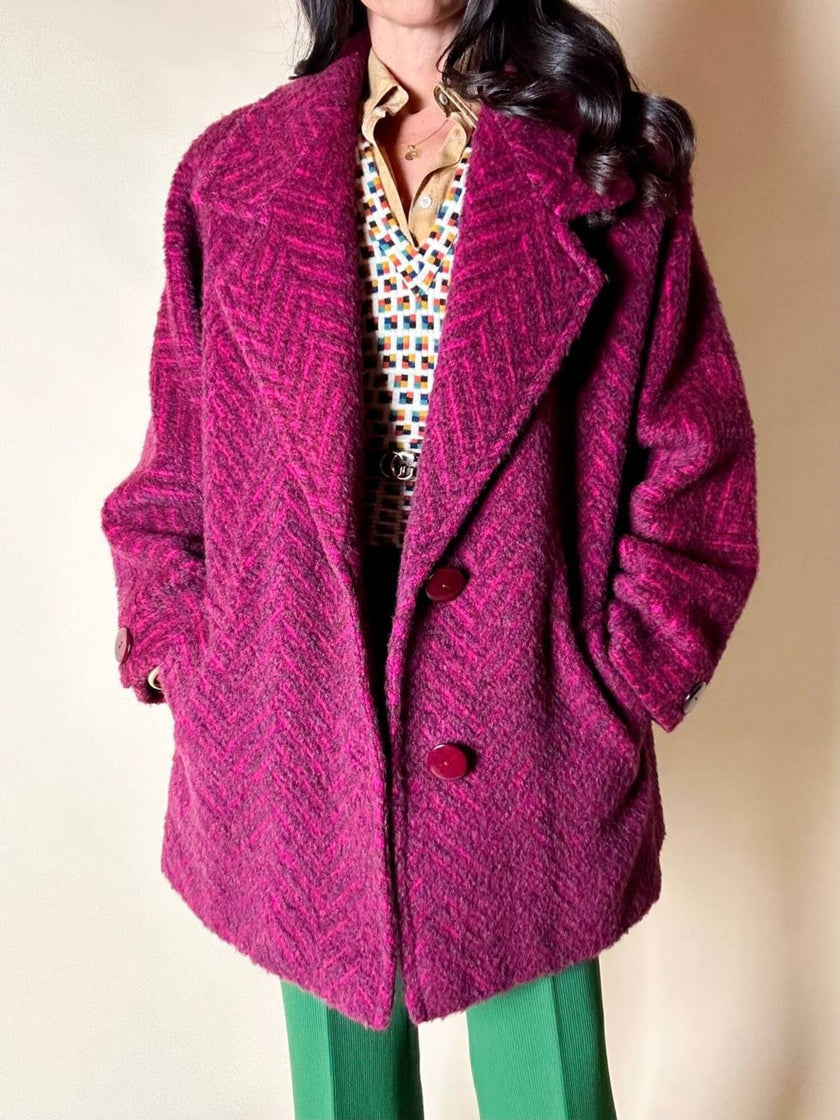 Capottino vintage spinato in tweed di lana e mohair magenta e prugna