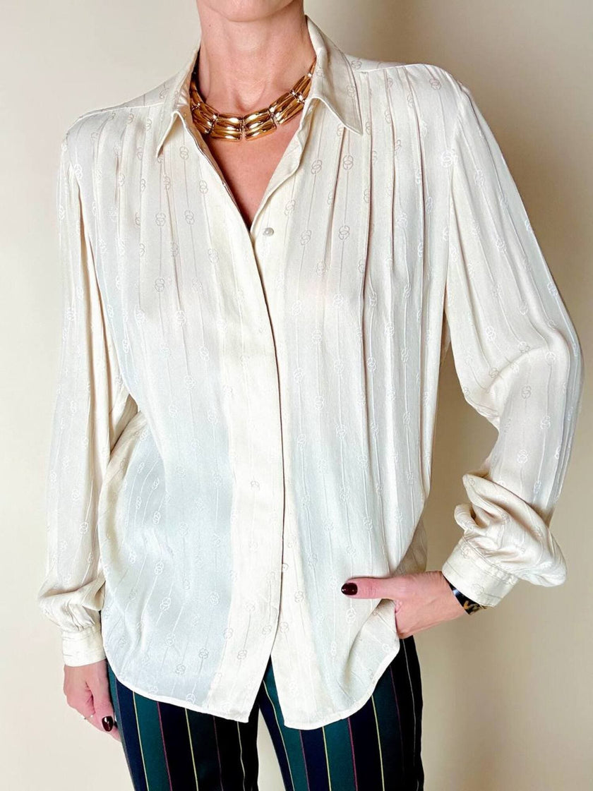 Camicia sartoriale in pura seta jacquard color crema con loghi Gucci