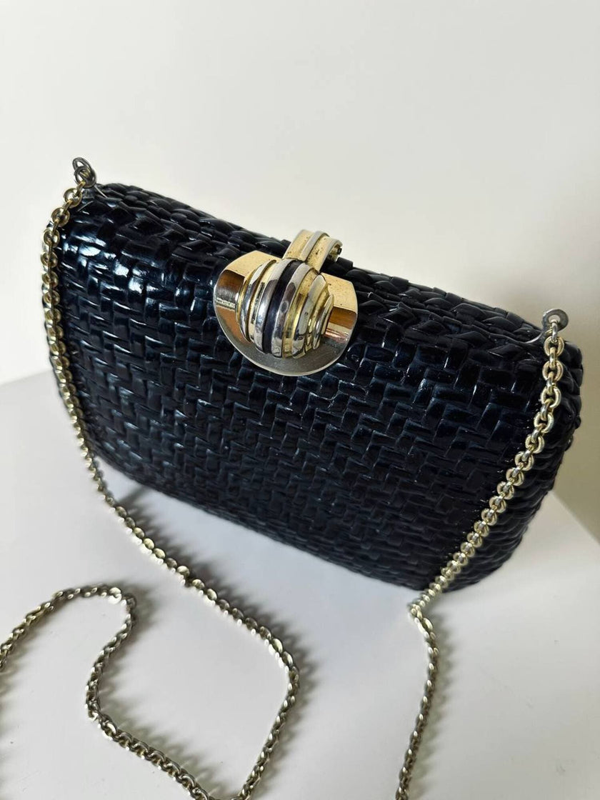 Borsa vintage Rodo in midollino nero con tracolla a catena oro