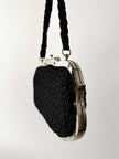 Borsa da sera vintage Art Déco in crochet  nero con montatura in metallo argentato