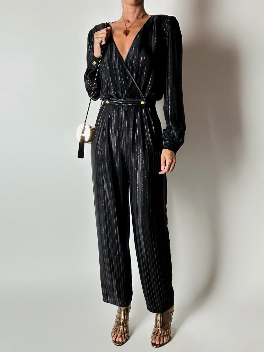 Jumpsuit vintage Yves Saint Laurent Rive Gauche nera con righe in lamé oro