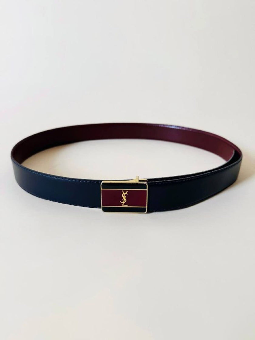 Cintura vintage Yves Saint Laurent double face blu navy e bordeaux con fibbia smaltata con logo YSL