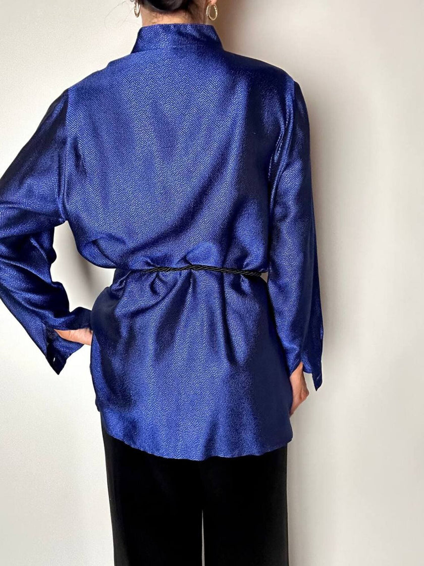 Giacca-camicia vintage in tessuto jacquard bluette