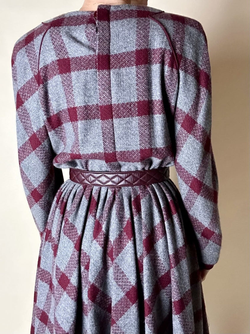 Abito Velentino Boutique in lana fantasia check grigio e bordeaux