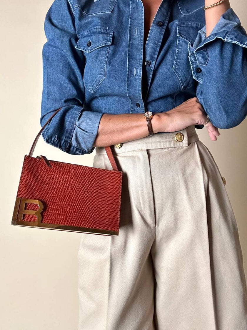 Borsa Laura Biagiotti in pelle stampa lizard color cognac con iniziali BL