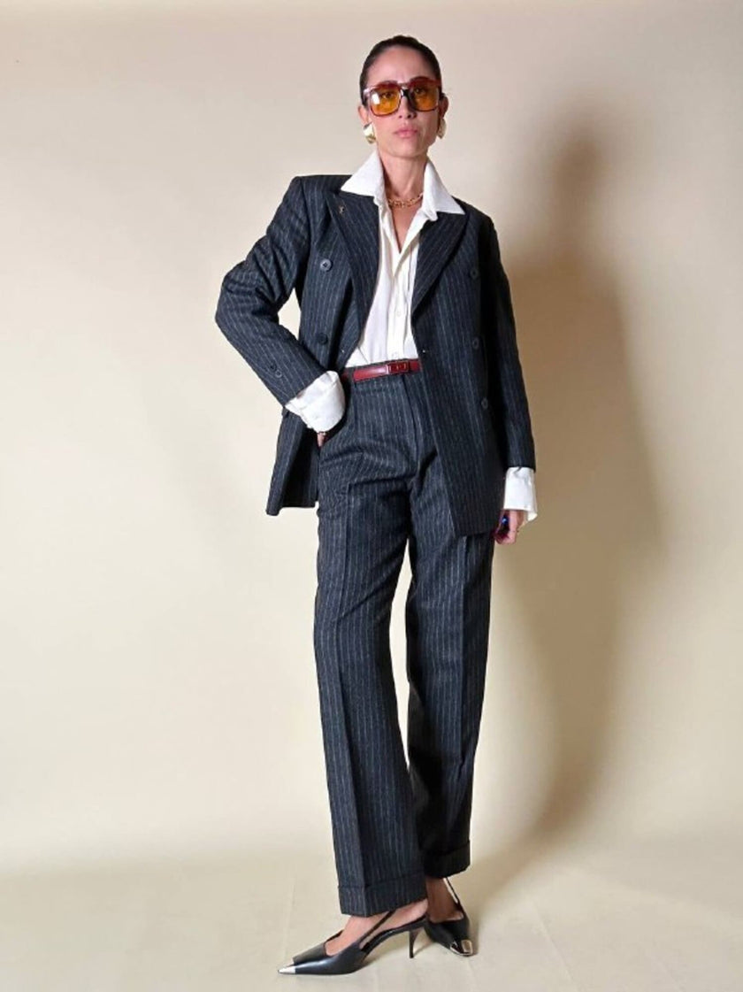 Tailleur gessato giacca/pantalone in lana grigio antracite “Antonio Fusco”