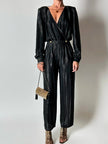 Jumpsuit vintage Yves Saint Laurent Rive Gauche nera con righe in lamé oro