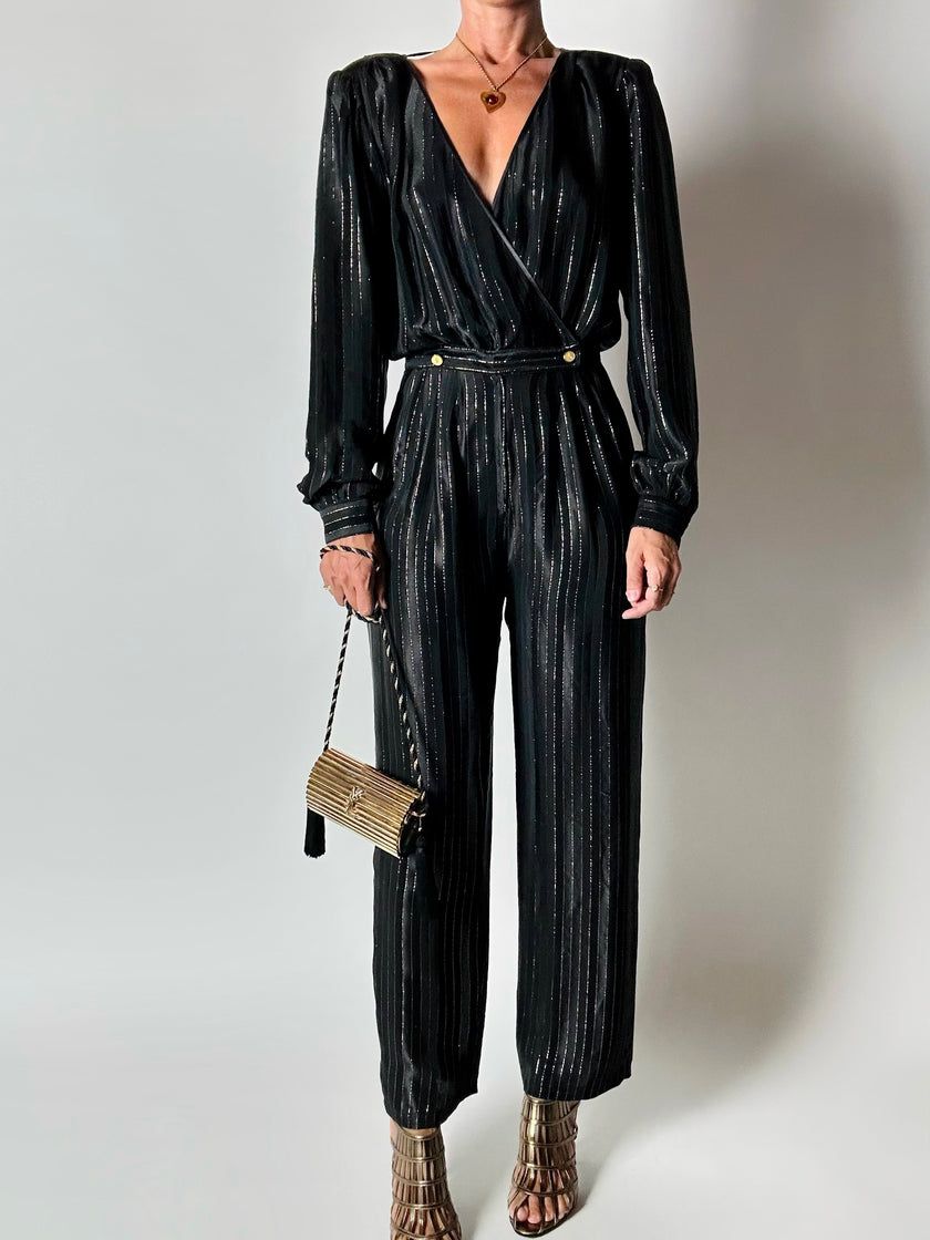Jumpsuit vintage Yves Saint Laurent Rive Gauche nera con righe in lamé oro