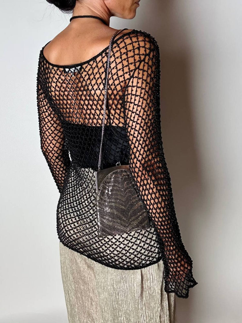 Borsa vintage Whiting & Davis in maglia metallica argento stampa zebra Made in U.S.A.
