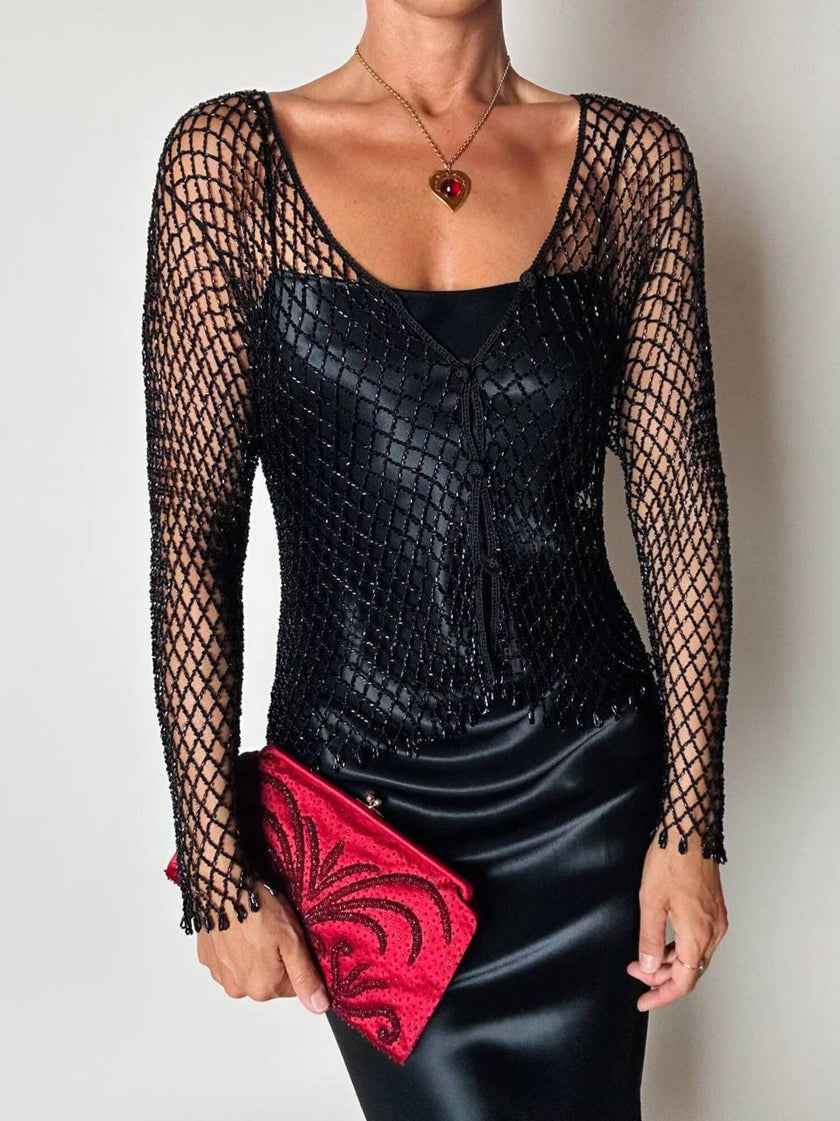 Giacca gioiello vintage in rete di perline nera Byblos Blu