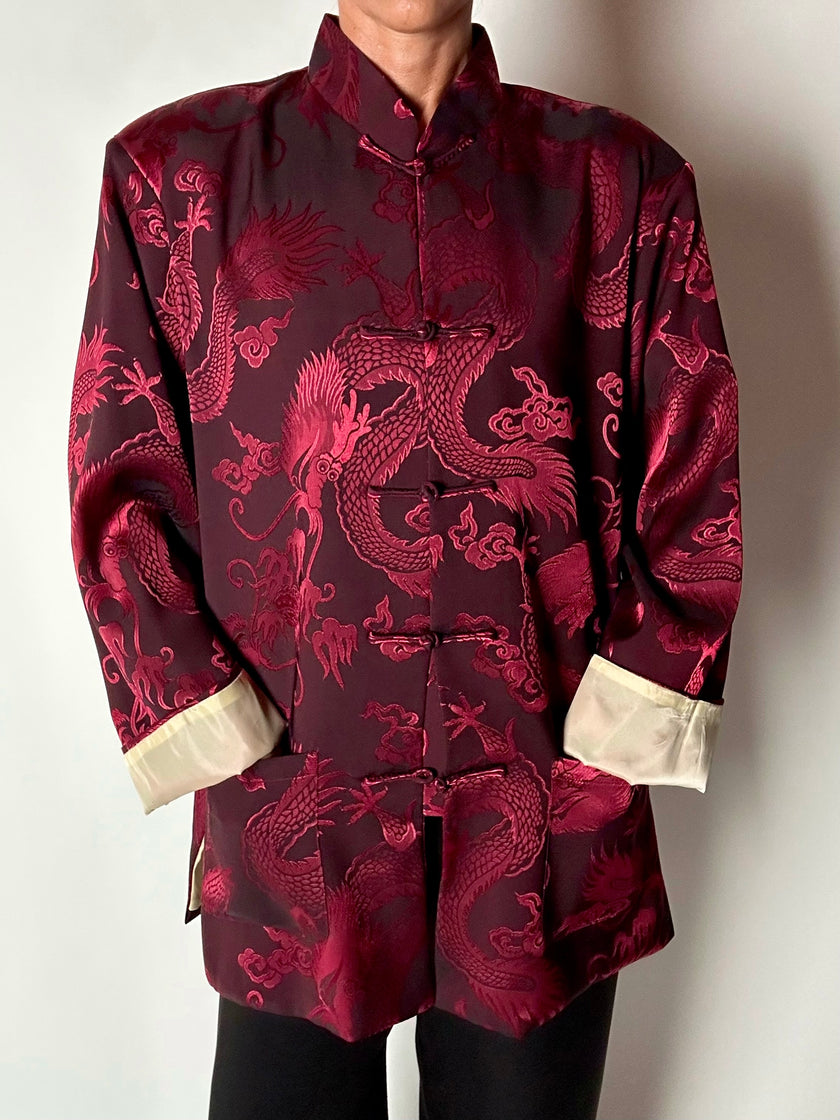 Giacca vintage in tessuto jacquard bordeaux con draghi cinesi e alamari