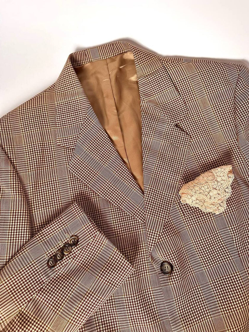 Blazer vintage oversize in fresco di lana principe di Galles beige e marrone con pochette in seta Vincam