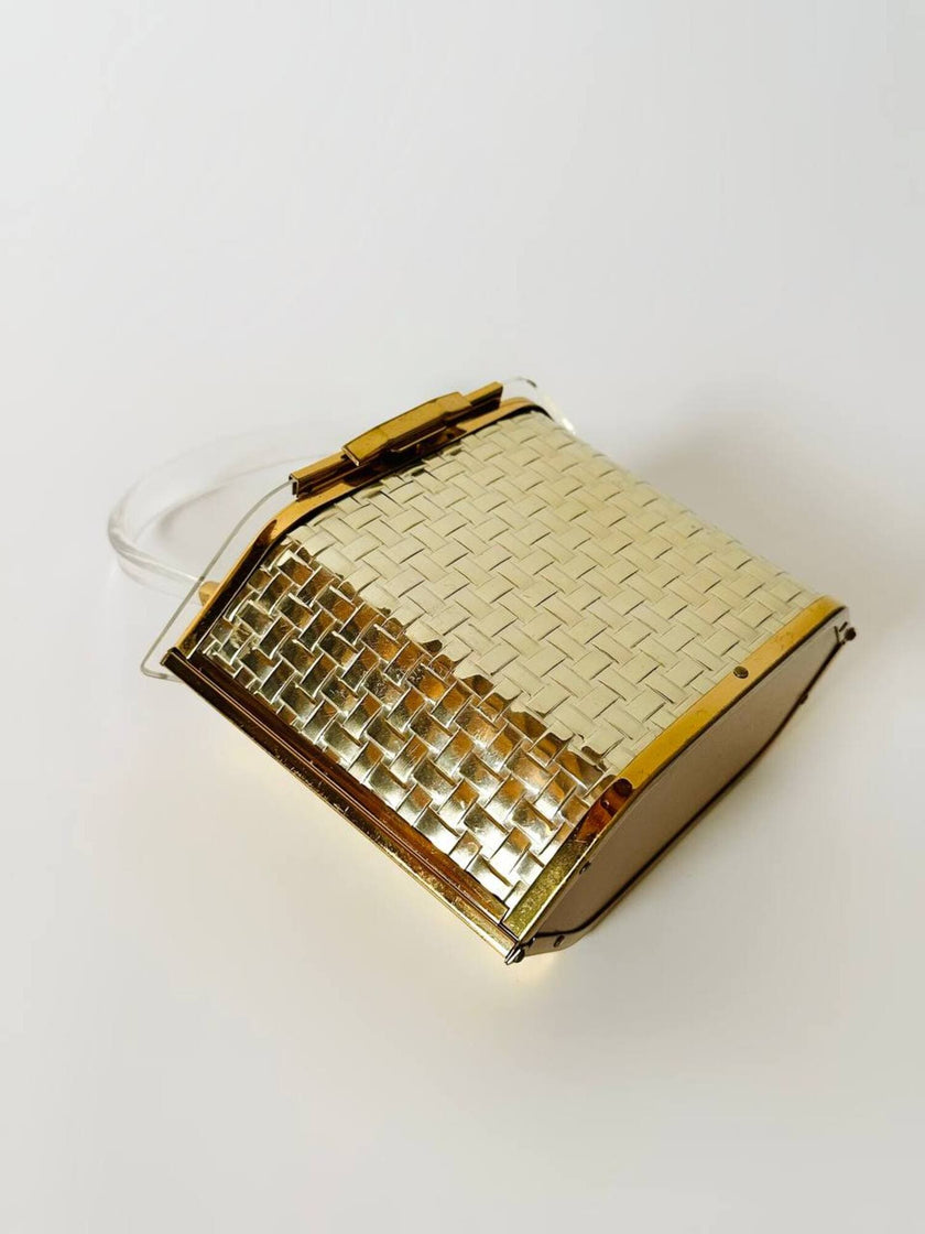 Box Bag vintage in lucite e metallo dorato effetto intrecciato