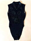 Body vintage La Perla in tulle nero e lana con applicazioni floreali in raso