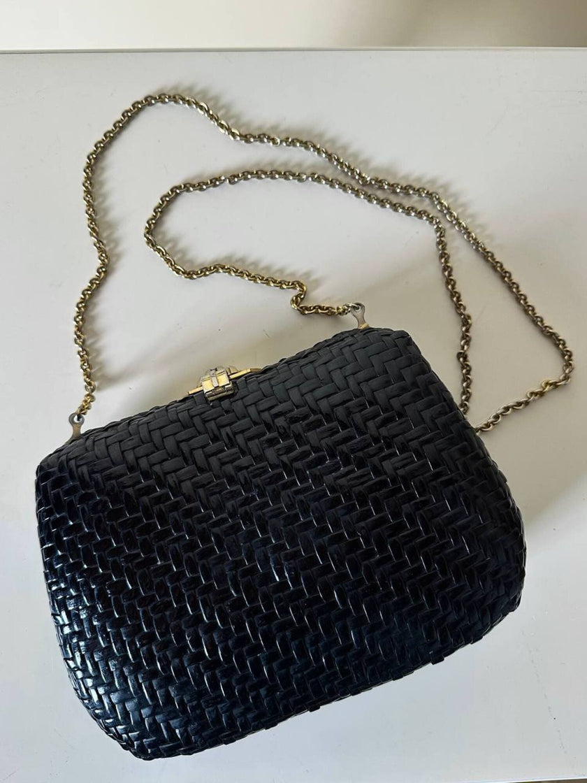 Borsa vintage Rodo in midollino nero con tracolla a catena oro