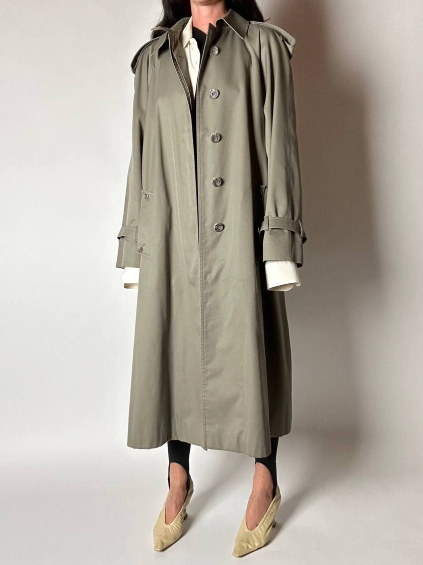 Vintage Aquascutum trench coat in khaki green gabardine with matching belt