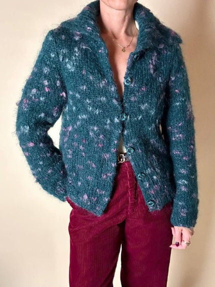 Cardigan in lana bouclé verde bottiglia con lavorazione bottonata multicolor