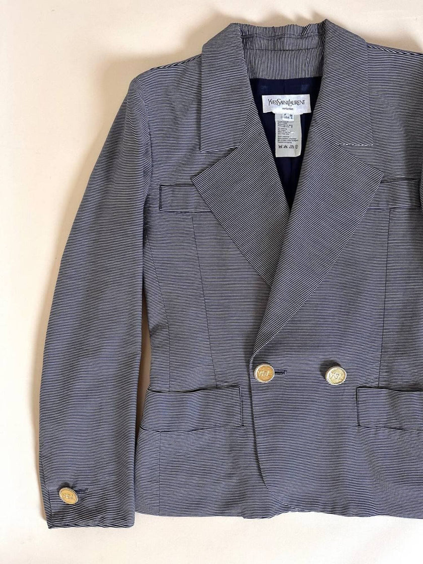 Blazer Yves Saint Laurent fantasia doppiopetto a righe bianche e blu con bottoni dorati