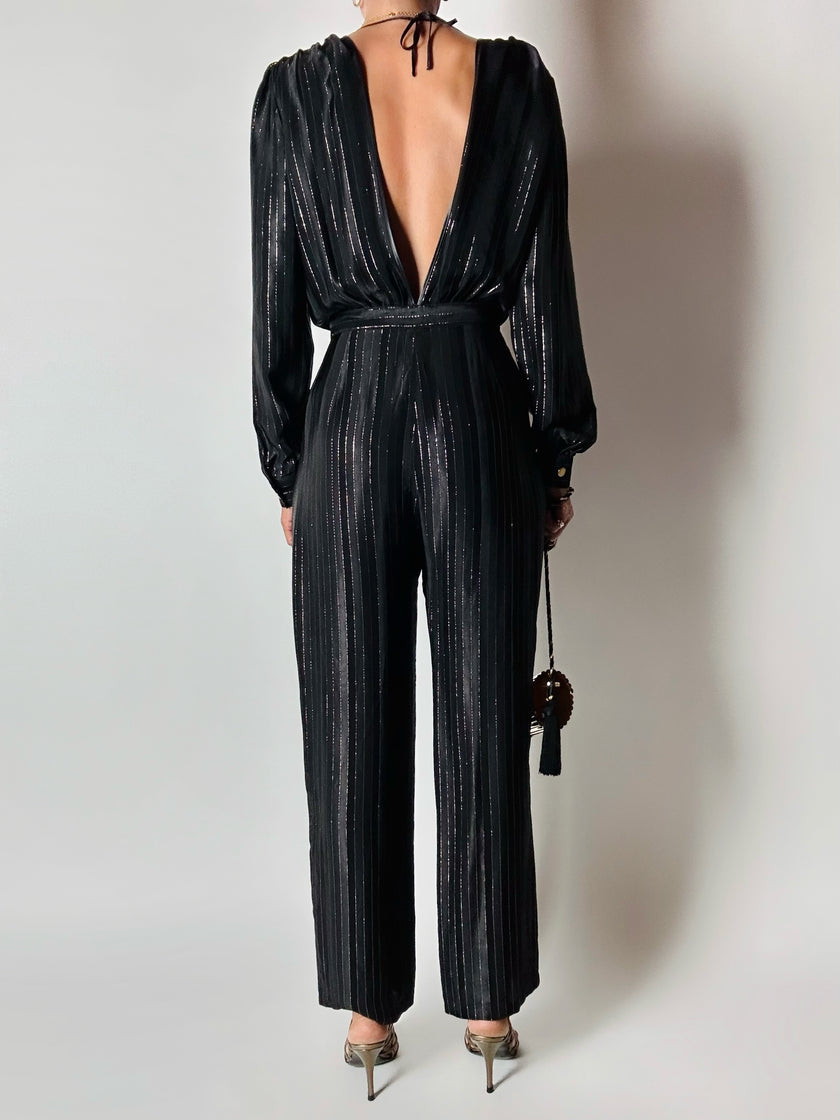 Jumpsuit vintage Yves Saint Laurent Rive Gauche nera con righe in lamé oro