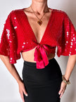 Top-Bolero vintage rosso con taglio a mantellina in seta ricamato con paillettes