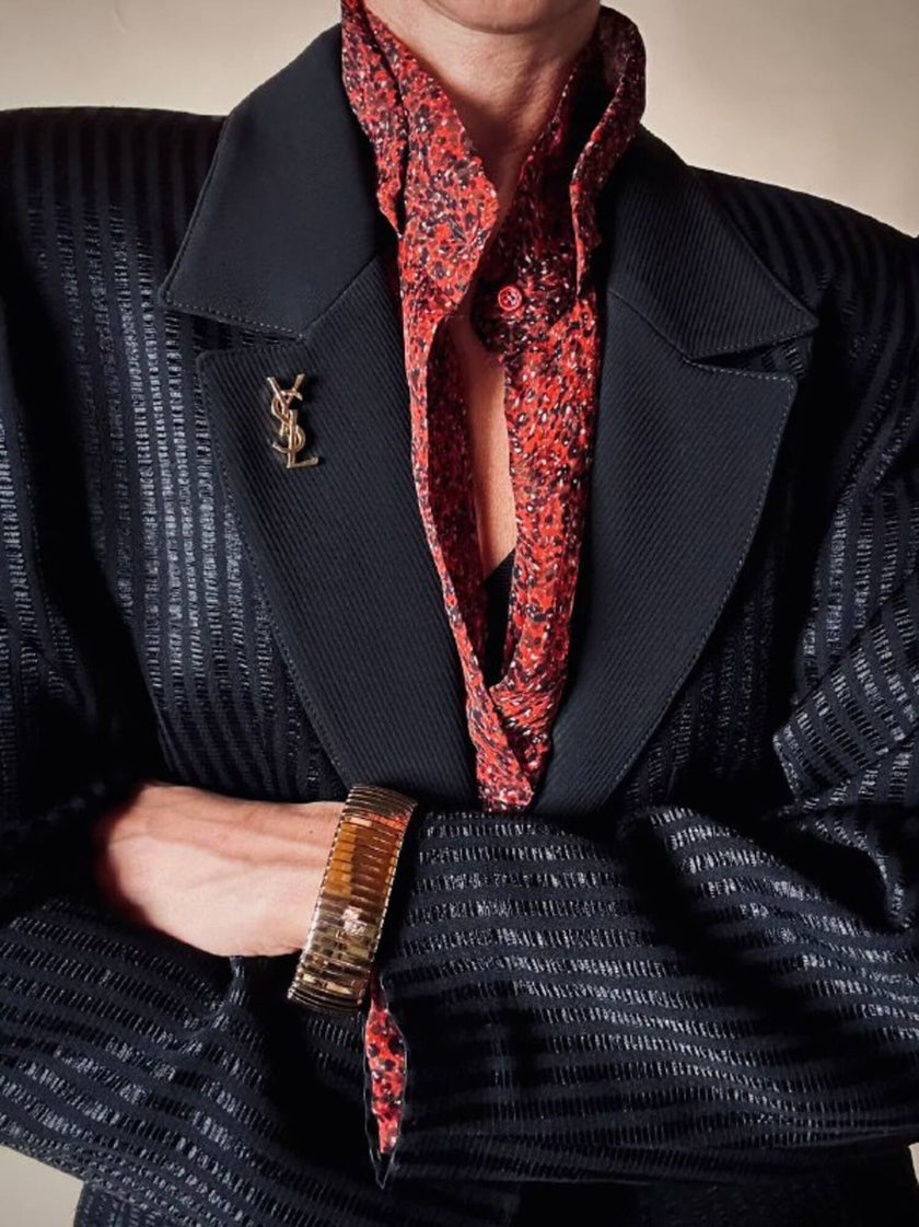 Blazer nero a righe in tessuto lucido “State off Claude Montana”